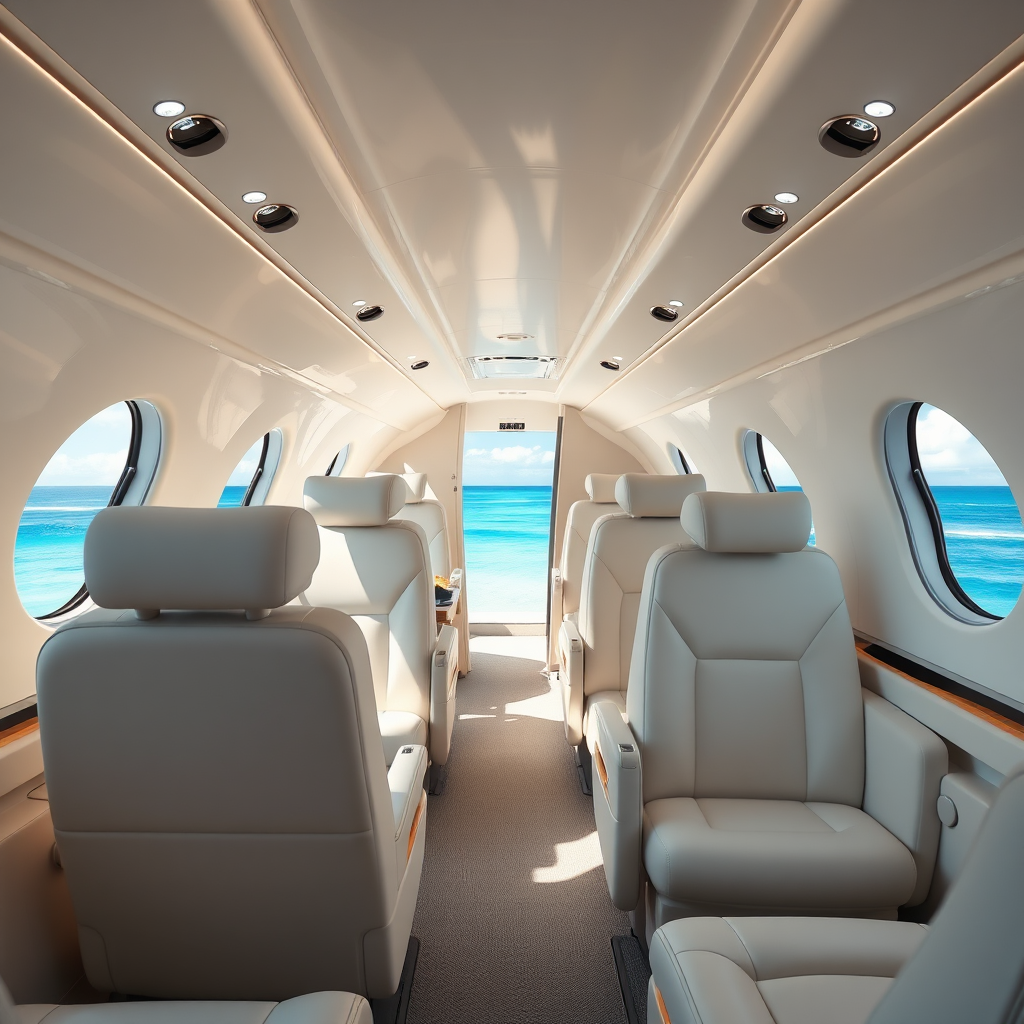 Bright, modern jet cabin with Caribbean daylight tones