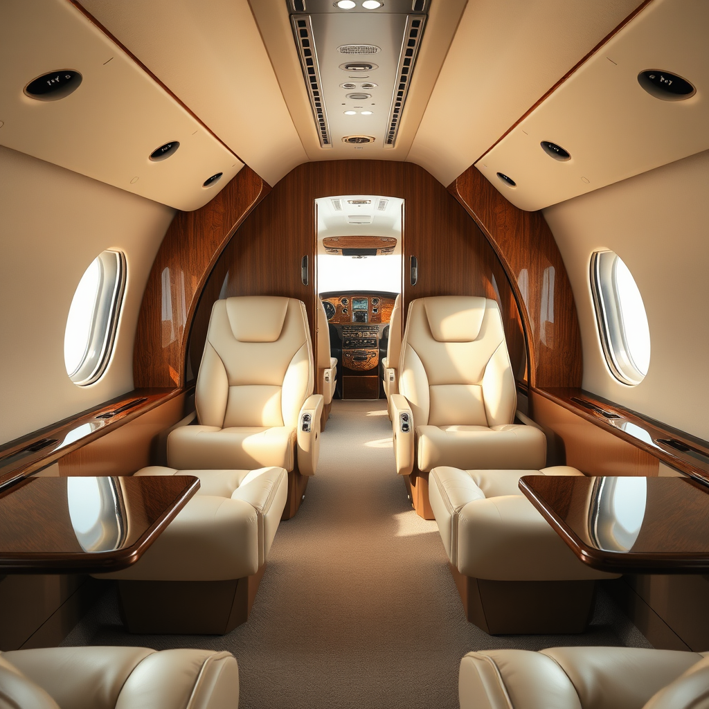 Wide-body private jet cabin interior