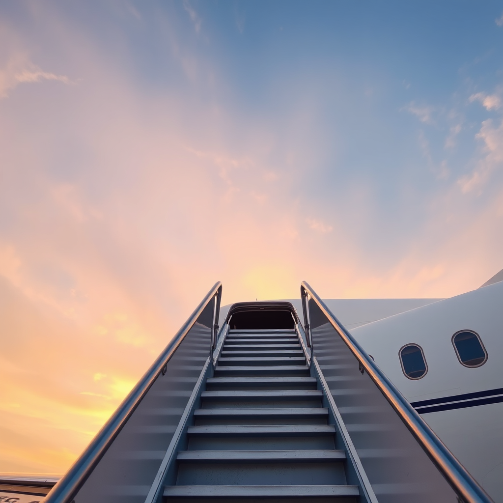 Boarding private jet at sunset