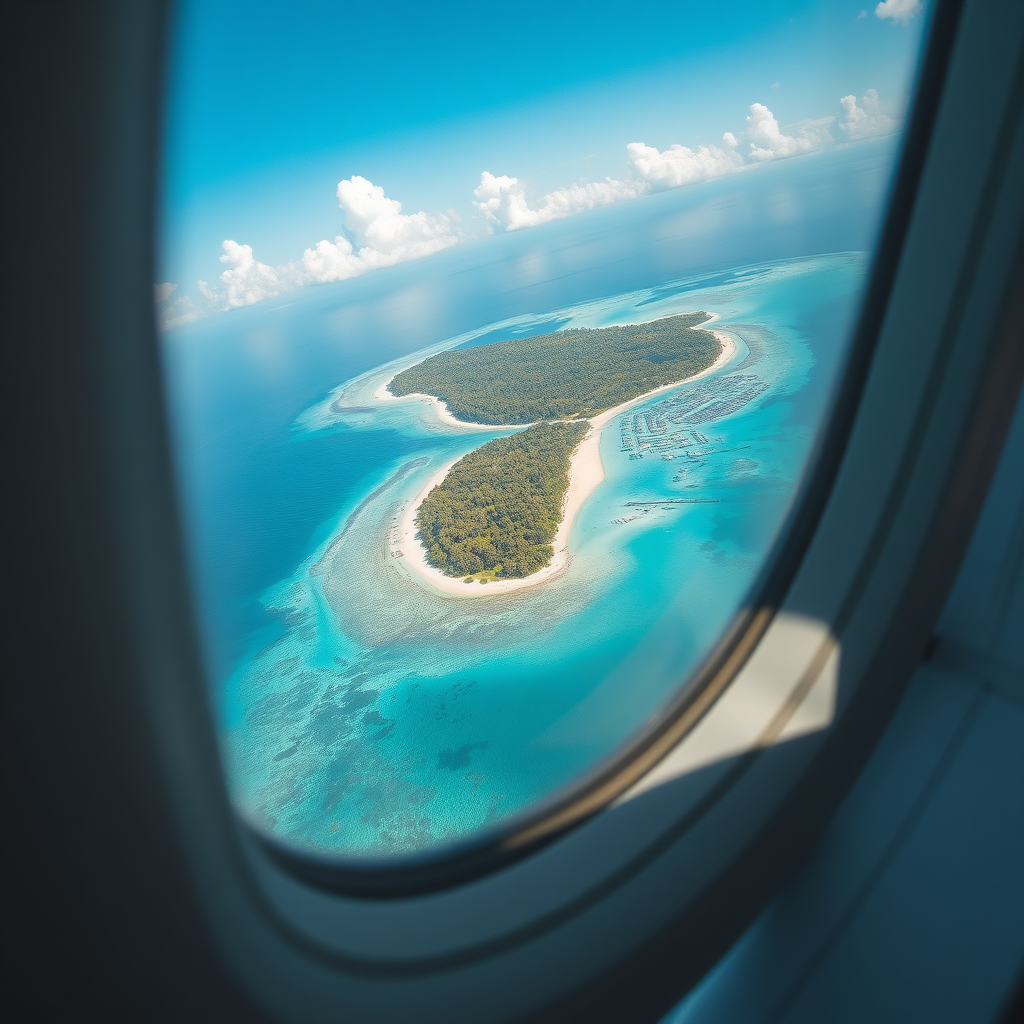 Scenic island approach over water