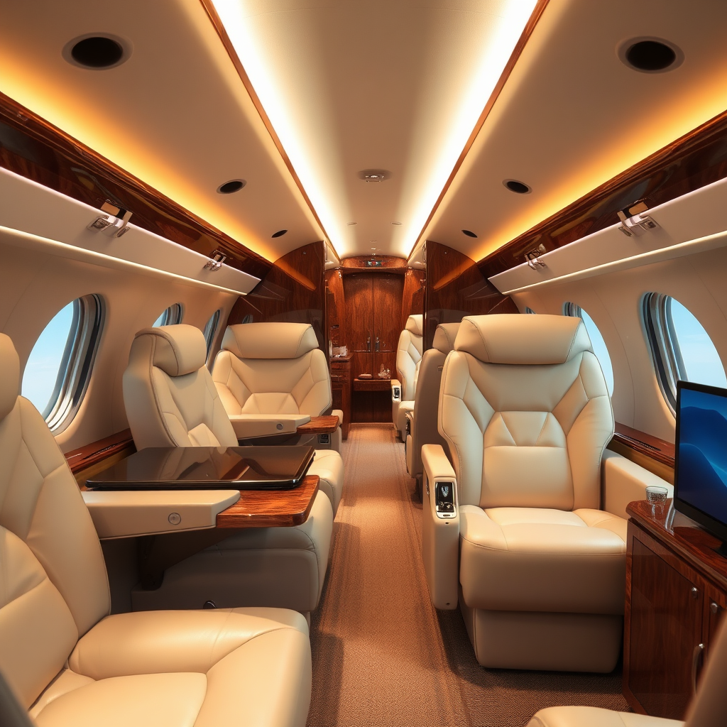 Luxurious private jet cabin interior