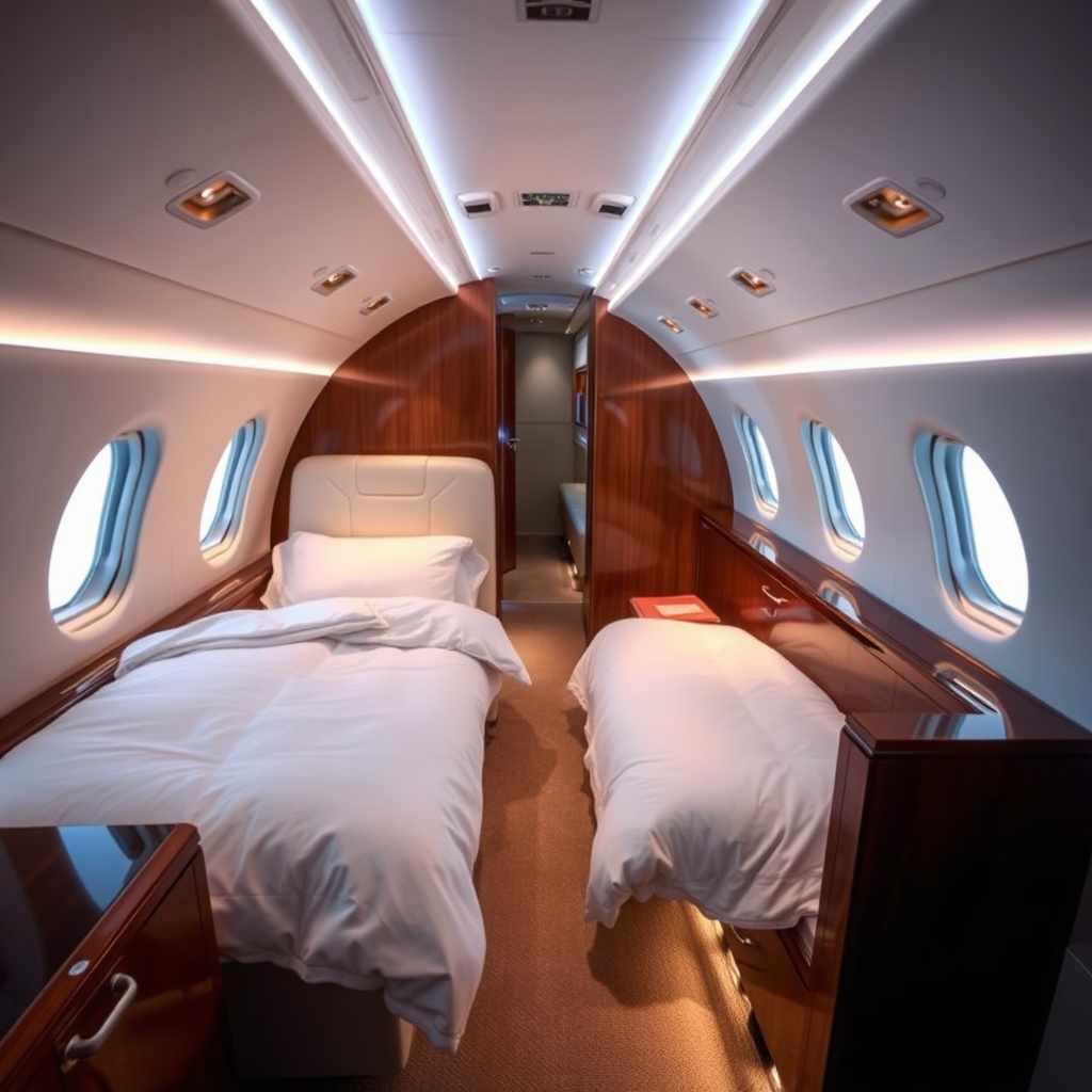 Private jet lie-flat bed configuration