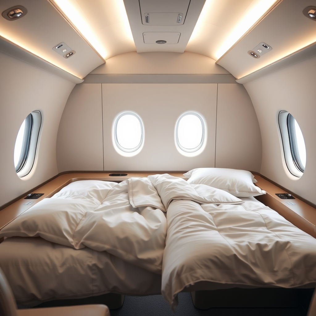 Private jet cabin in sleeping configuration