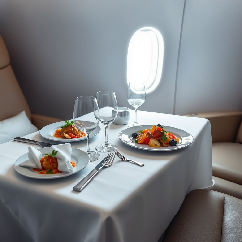 Fine dining setup on a private jet