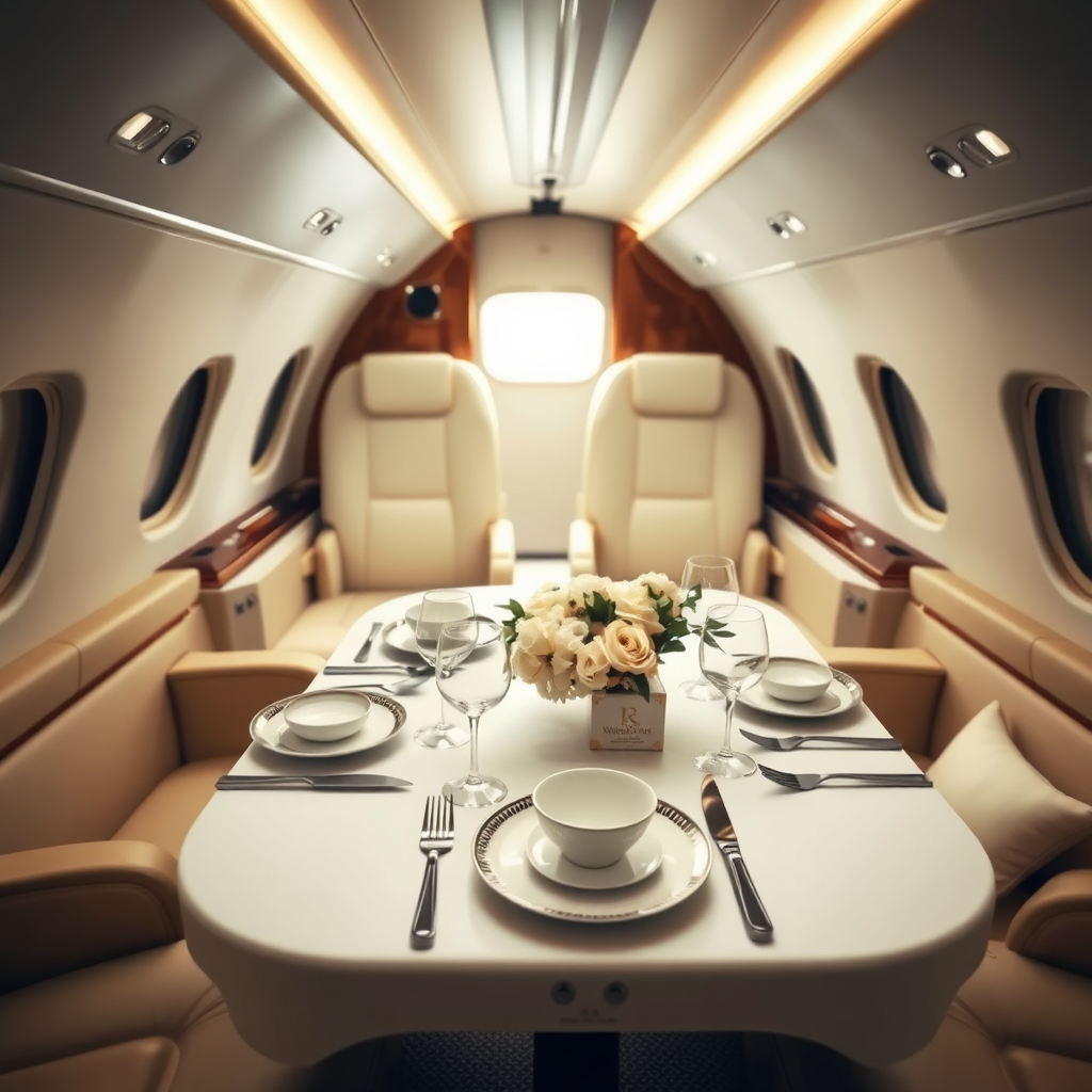 Private jet refined dining setup
