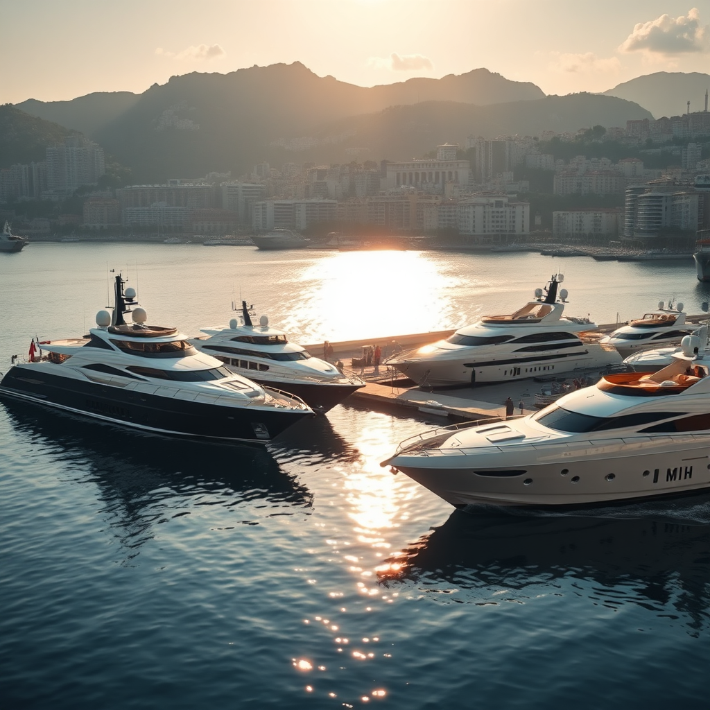 Monaco harbor with yachts and Monte Carlo skyline