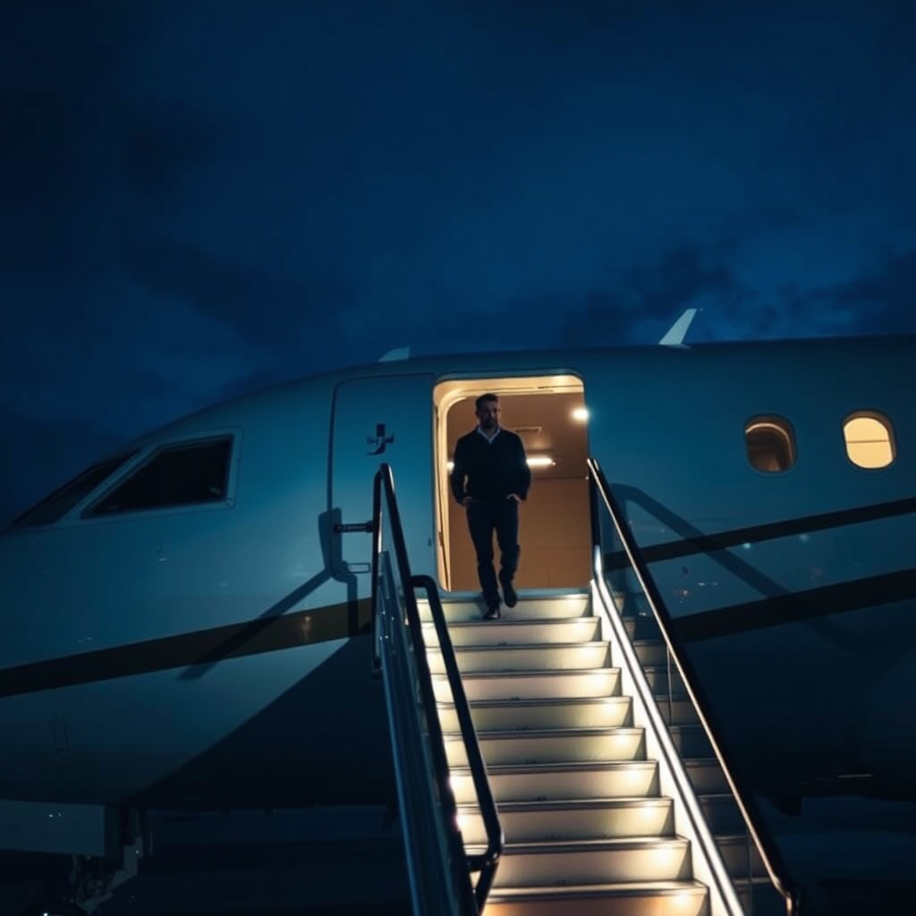Boarding private jet at night