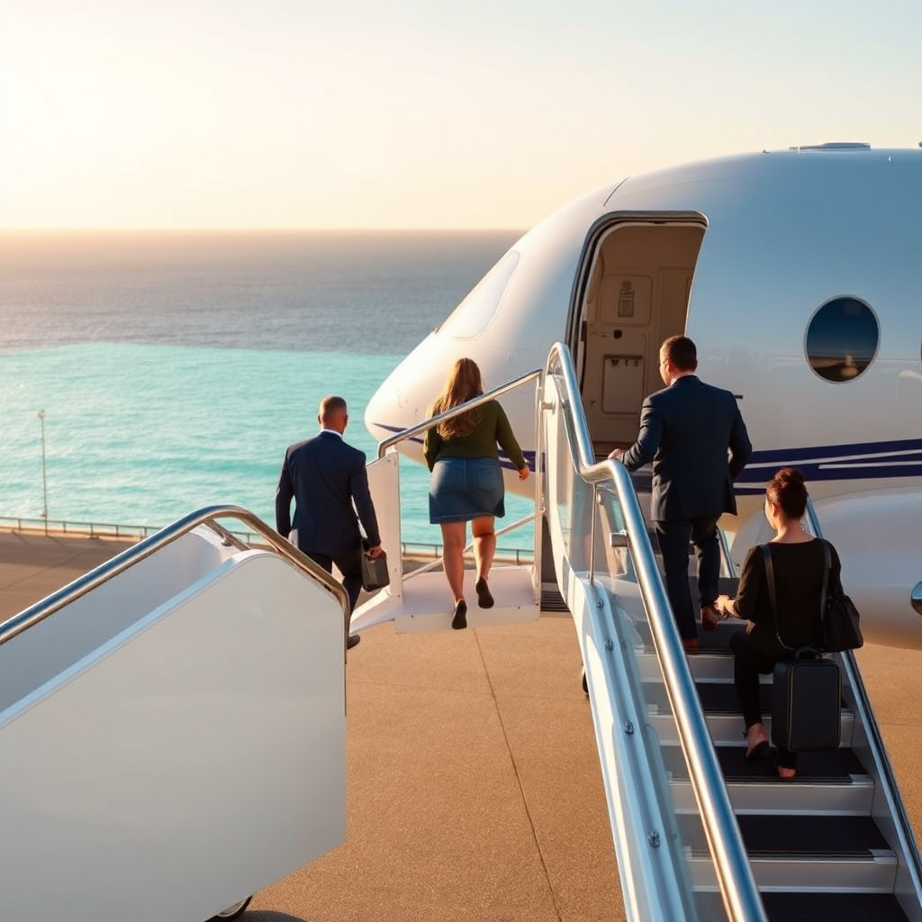 Boarding private jet with ocean backdrop