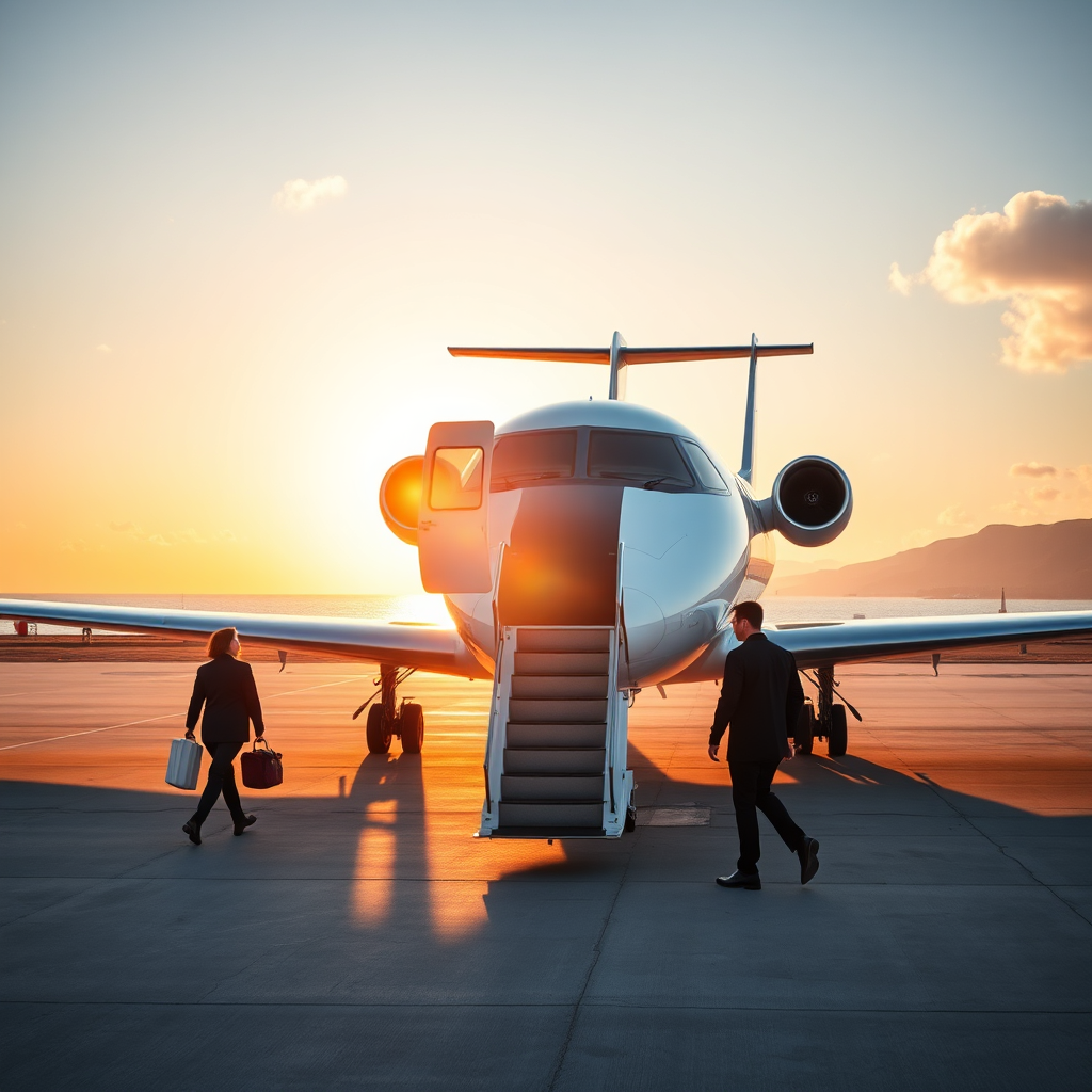 Boarding private jet on sunlit tarmac