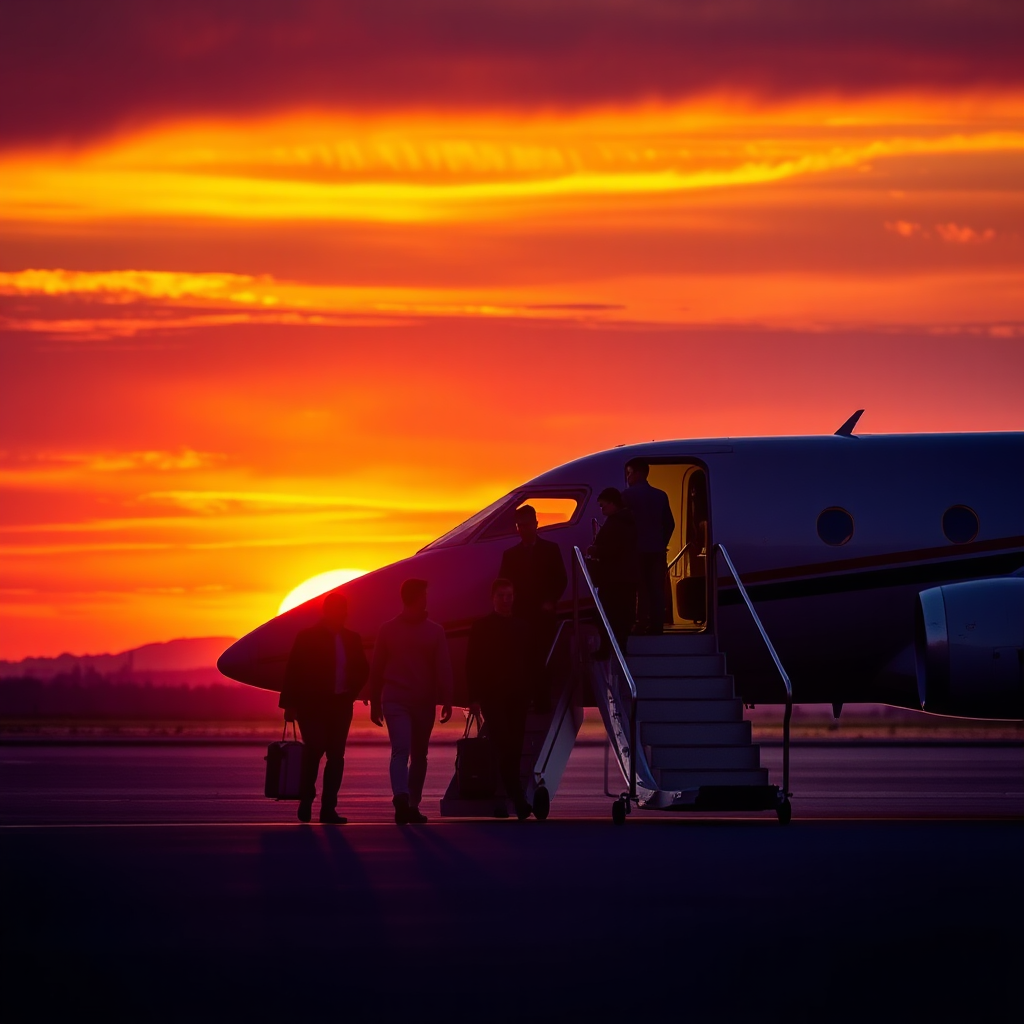 Boarding private jet at sunset