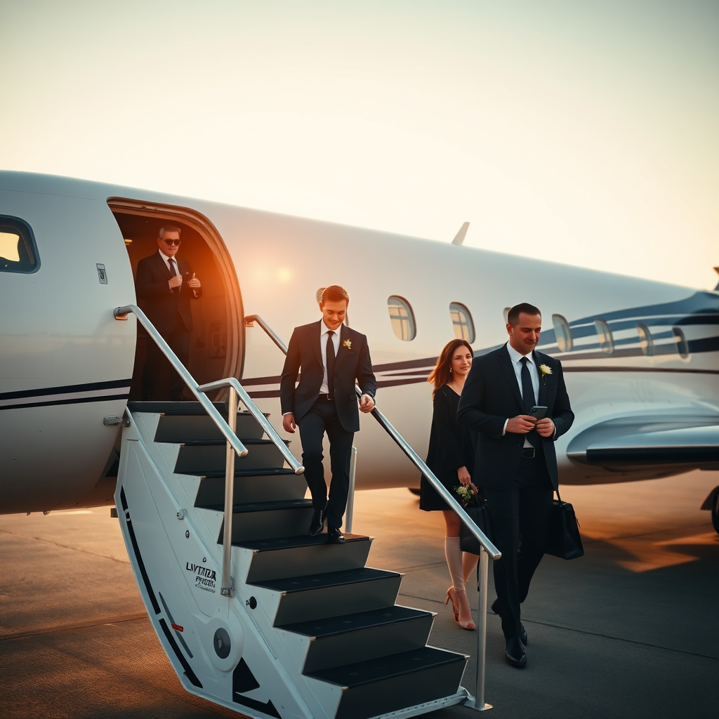 Boarding a private jet in soft light