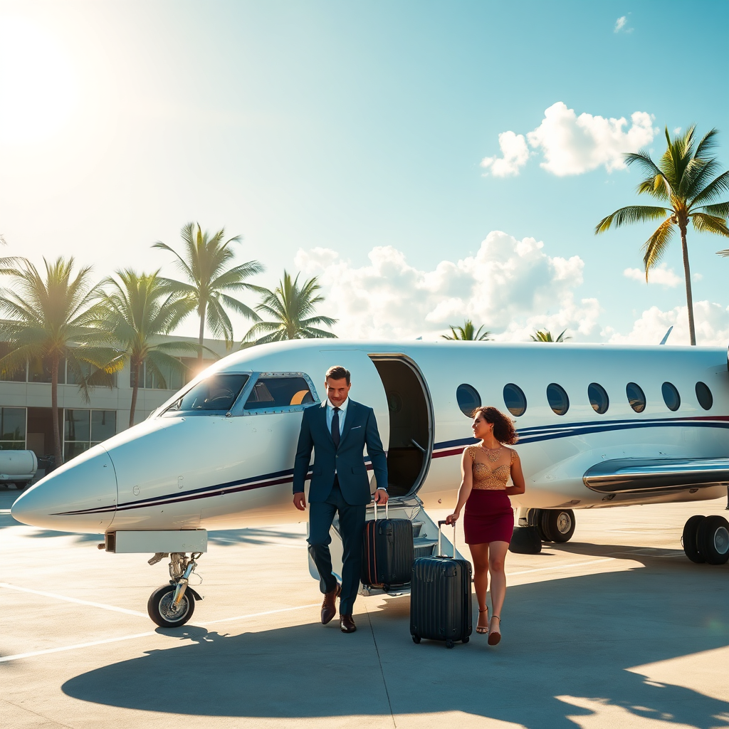 Boarding private jet in Caribbean