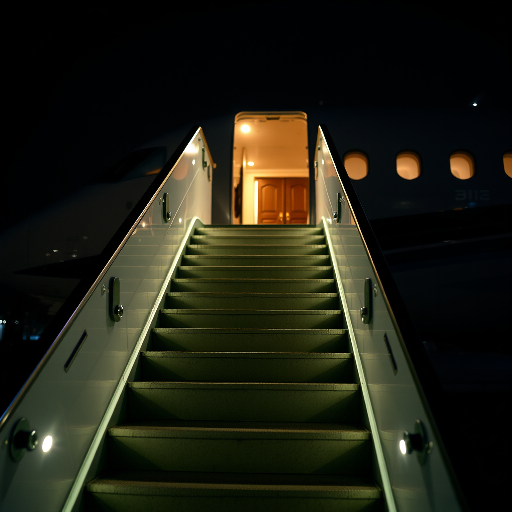 Boarding private jet at night