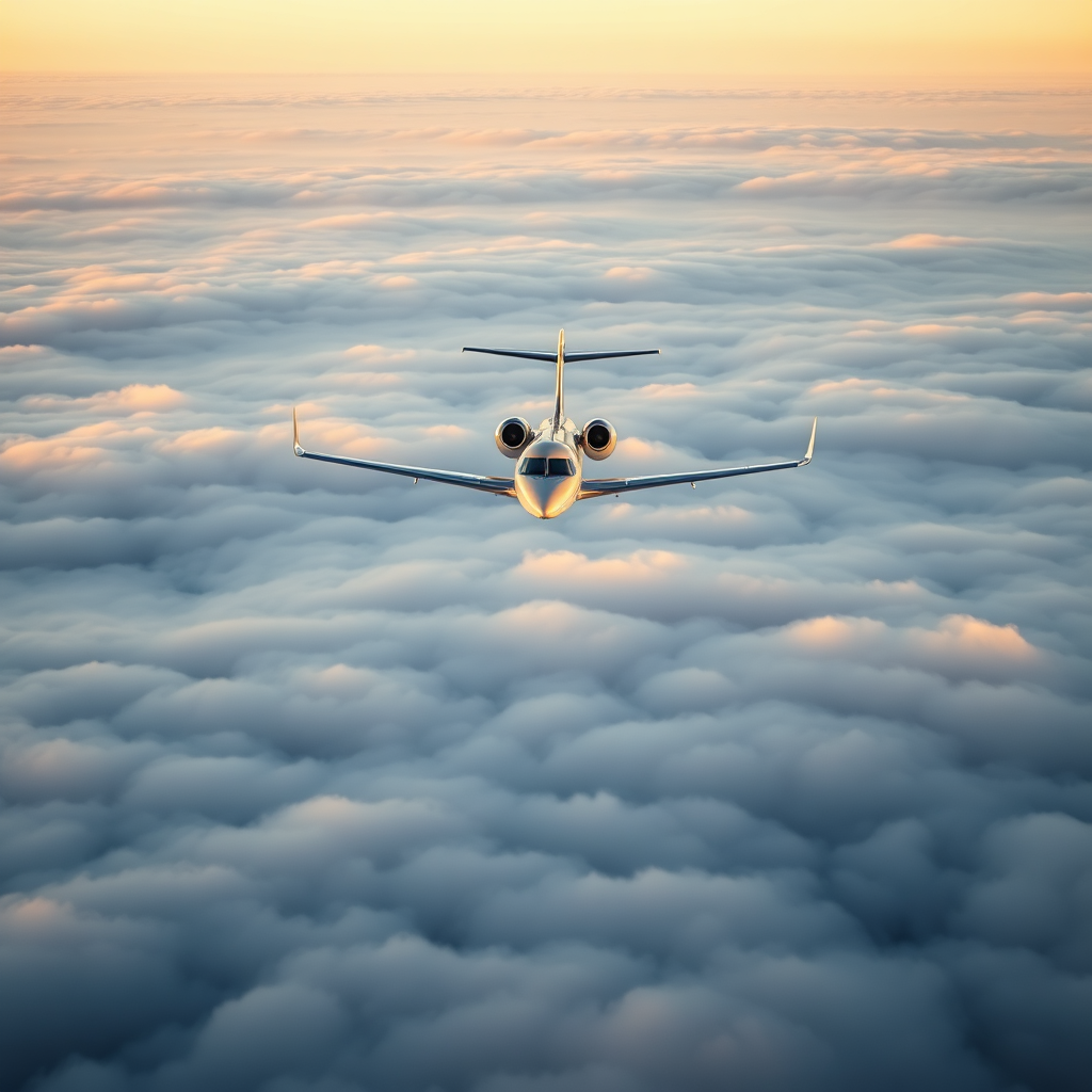Private jet above clouds
