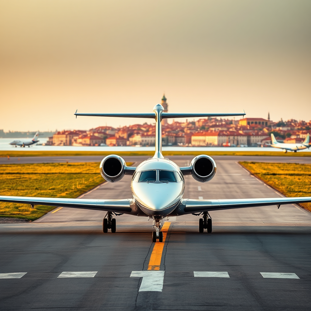 Private jet arrival near Venice lagoon