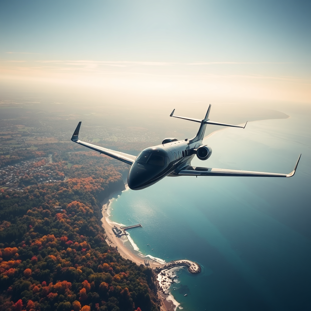 Private jet in flight over coastline
