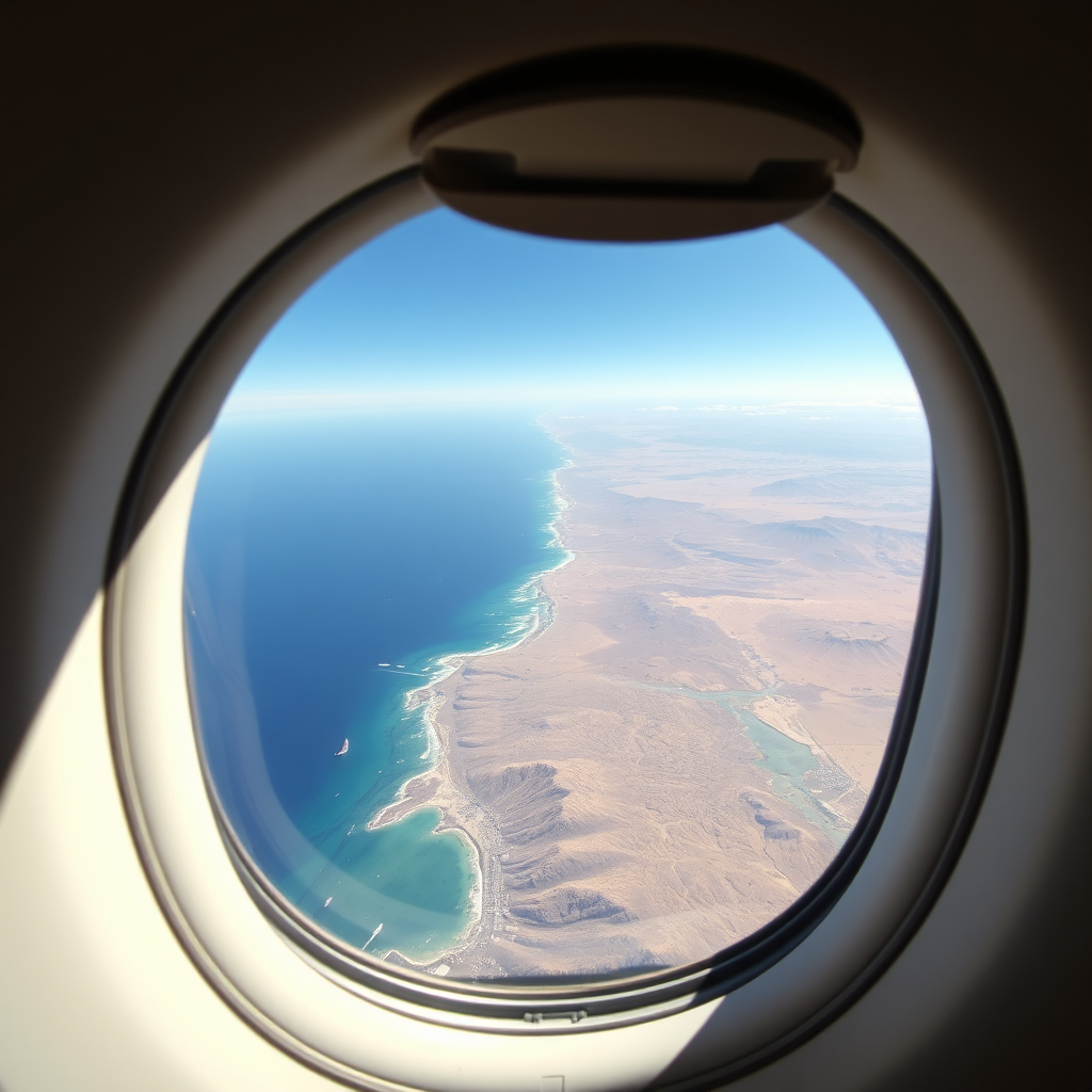 View of Baja coastline from aircraft window