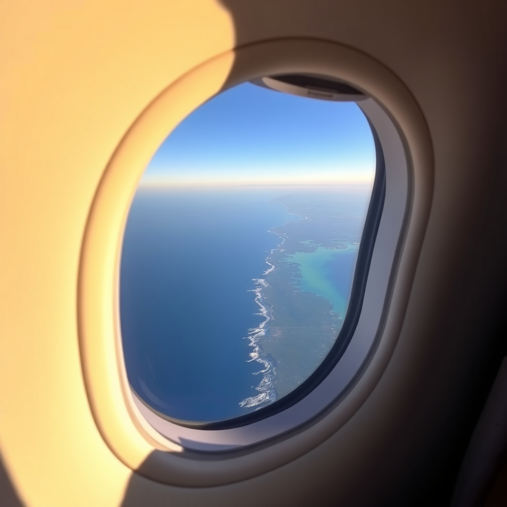 Window view transitioning from ocean to coastline