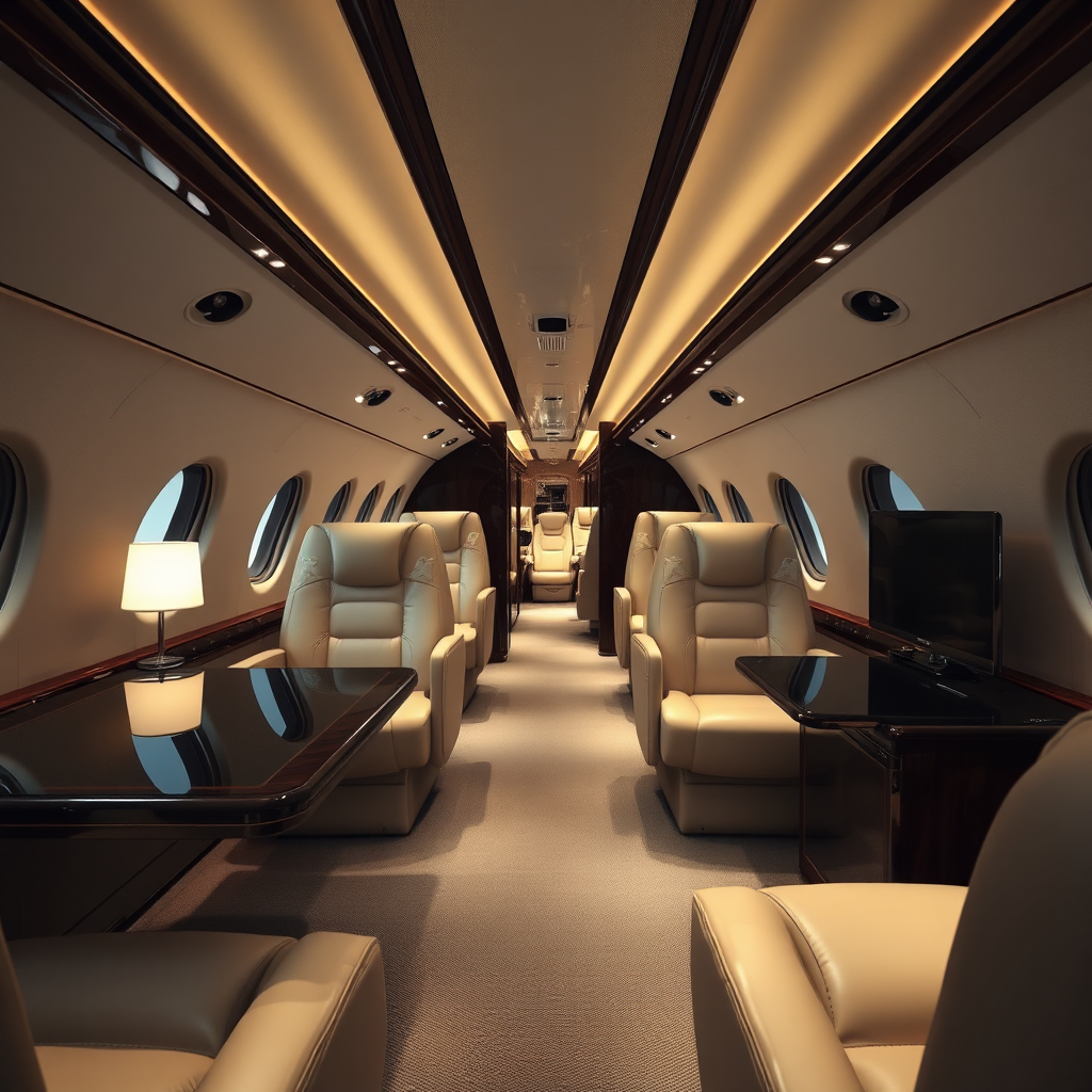 Luxurious private jet cabin interior