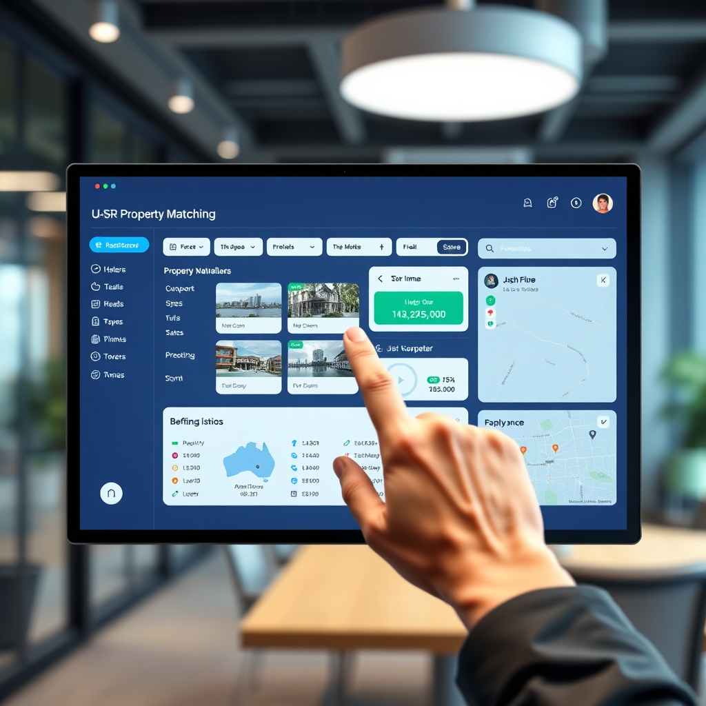 Create a photorealistic image showcasing a sophisticated property matching interface on a large touchscreen. The screen displays a user-friendly dashboard with property listings, interactive maps, and personalized recommendations. A hand is subtly touching the screen, indicating interaction with the system. The background should be a blurred modern office environment. The lighting should be soft and diffused. The color palette should be clean and modern, with blues and greens dominating. Technical specs: 4K resolution, high-quality rendering.