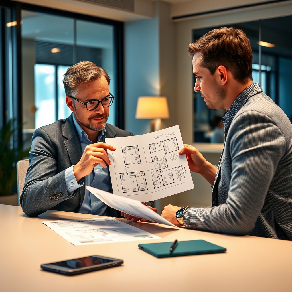 Create a photorealistic image showing a property consultant sitting at a desk, reviewing property documents with a client. The consultant should be pointing to key features on a floor plan, explaining the details to the client. The lighting should be warm and inviting. The color palette should be neutral and professional, with accents of blue and green. The environment is a modern office setting. Technical specs: 4K resolution, high-quality rendering.
