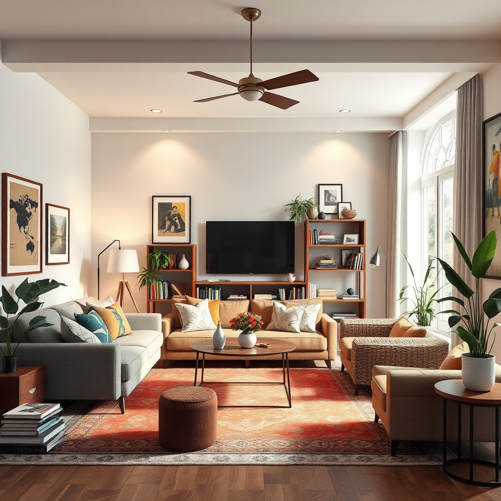 Create a photorealistic image showcasing a beautifully decorated living room with personalized touches (artwork, books, plants). The room should reflect the owner's unique style and preferences. The lighting should be soft and inviting. The color palette should be warm and eclectic, with a mix of colors and textures. Technical specs: 4K resolution, high-quality rendering.