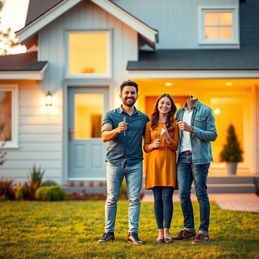 Create a photorealistic image showing a family standing in front of their newly purchased home, holding keys and smiling. The house should be modern and well-maintained, with a manicured lawn. The lighting should be warm and golden, signifying a bright future. The color palette should be inviting and cheerful, with greens, blues, and yellows. Technical specs: 4K resolution, high-quality rendering.