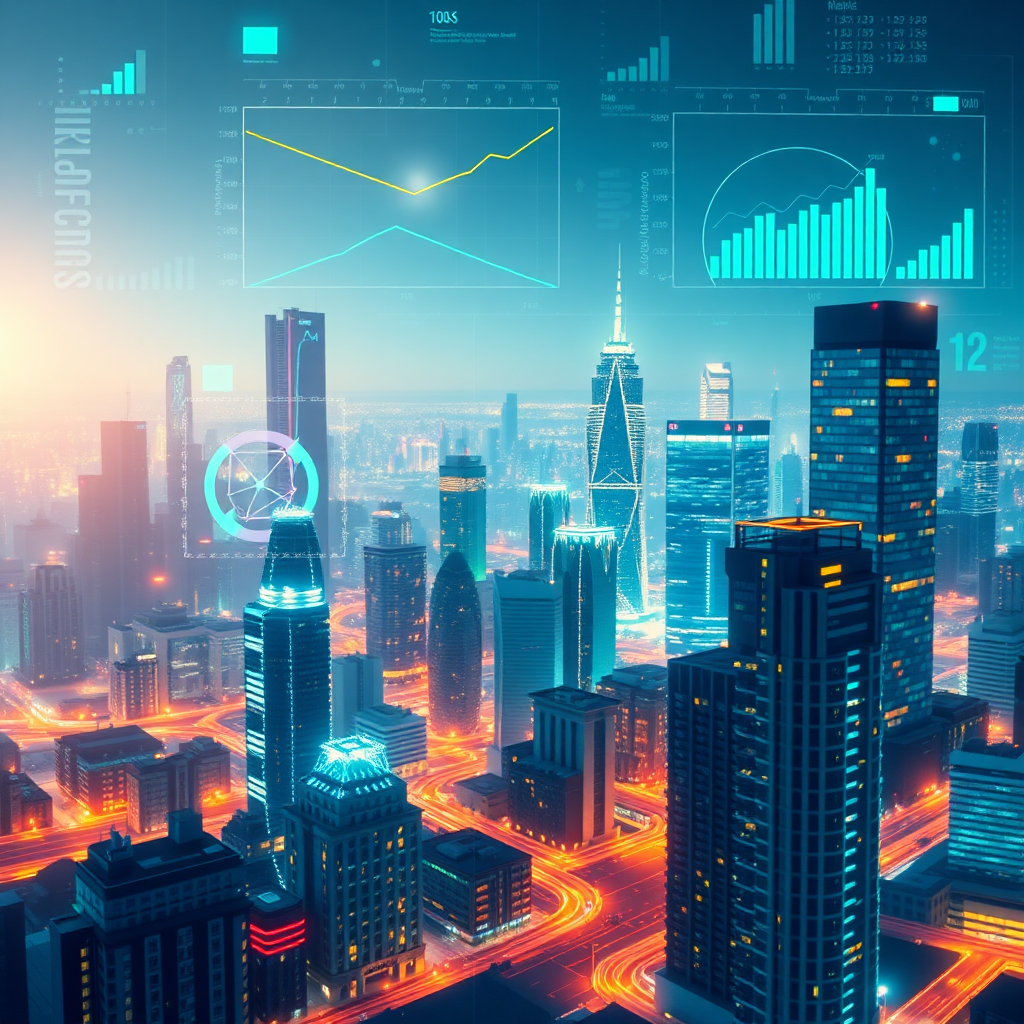 Create a stylized image depicting a glowing cityscape overlaid with data visualizations (charts, graphs, numbers). The cityscape should represent a thriving property market. The data visualizations should be clear and informative, suggesting detailed market analysis. The color palette should be dynamic and energetic, with bright blues, greens, and oranges. The lighting should be dramatic, highlighting the data visualizations. Technical specs: 4K resolution, high-quality rendering, futuristic style.