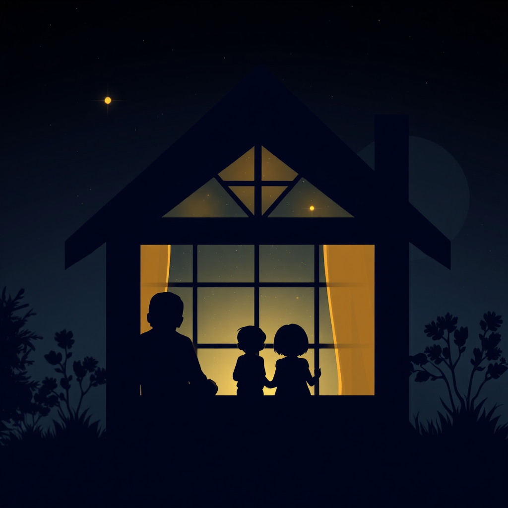 Create a stylized image depicting a silhouette of a family inside a warmly lit house, looking out the window at a starry night. The house should represent comfort and security. The color palette should be dark and calming, with soft yellow light emanating from the windows. The lighting should be subtle and atmospheric. Technical specs: 4K resolution, high-quality rendering, illustrative style.