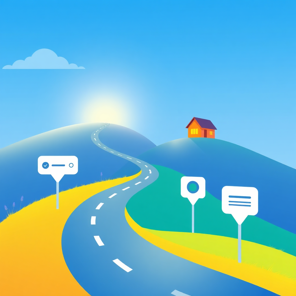 Create a stylized image illustrating a property search journey. The image should feature a winding road leading to a brightly lit house on a hill. Along the road, there are stylized representations of search filters (price range, location, property type). The color palette should be vibrant and cheerful, with blues, greens, and yellows. The lighting should be bright and optimistic. Technical specs: 4K resolution, high-quality rendering, illustrative style.