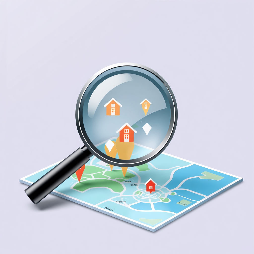 Create an image depicting a magnifying glass hovering over a map, highlighting potential property locations. The style should be clean and professional.