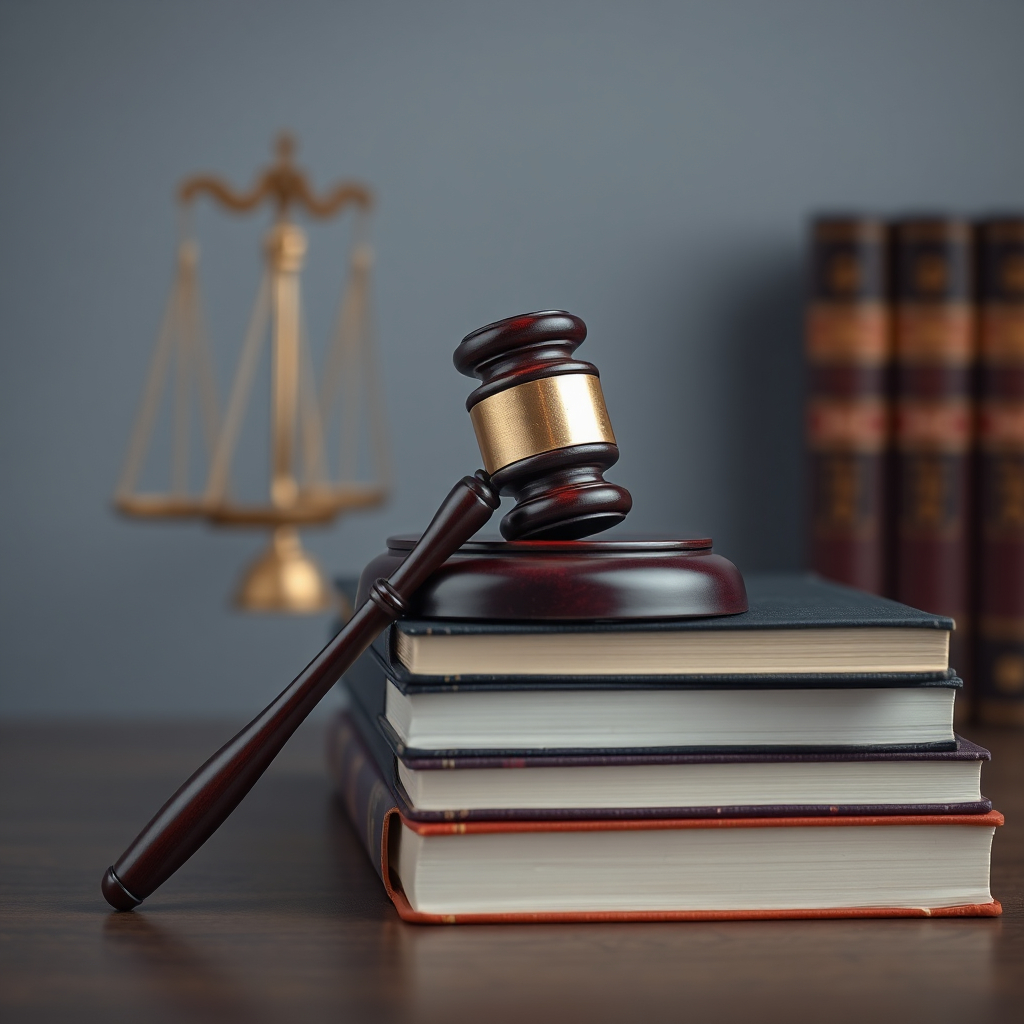 Create an image of a gavel resting on a stack of legal books, representing legal expertise and security. Use a serious and authoritative style.