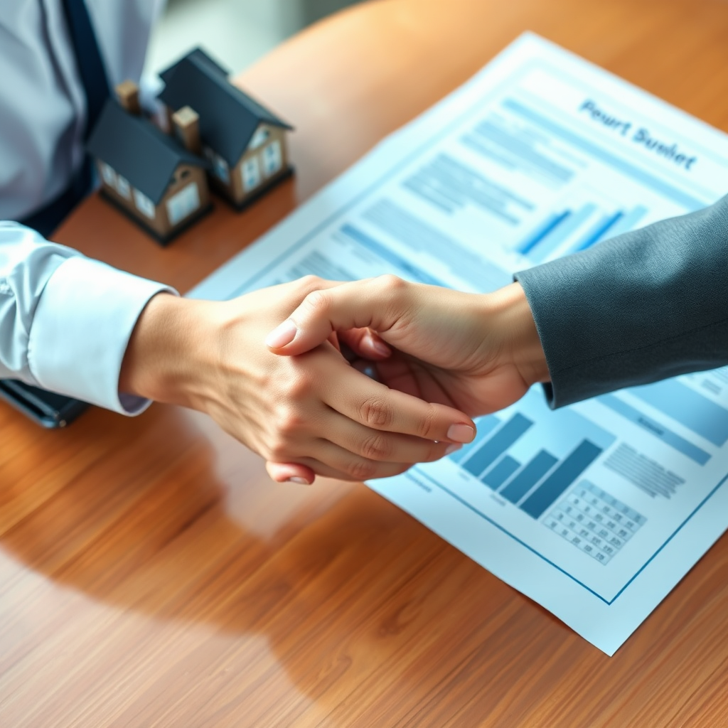 Create an image of two hands shaking over a table with property documents, symbolizing a successful negotiation. Use a professional and trustworthy style.