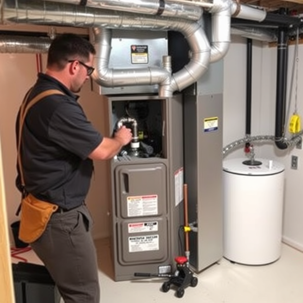 A new, high-efficiency furnace being professionally installed in a clean basement. The technician is focused and precise. Modern tools and safety equipment are visible. The overall image should convey expertise and reliability.