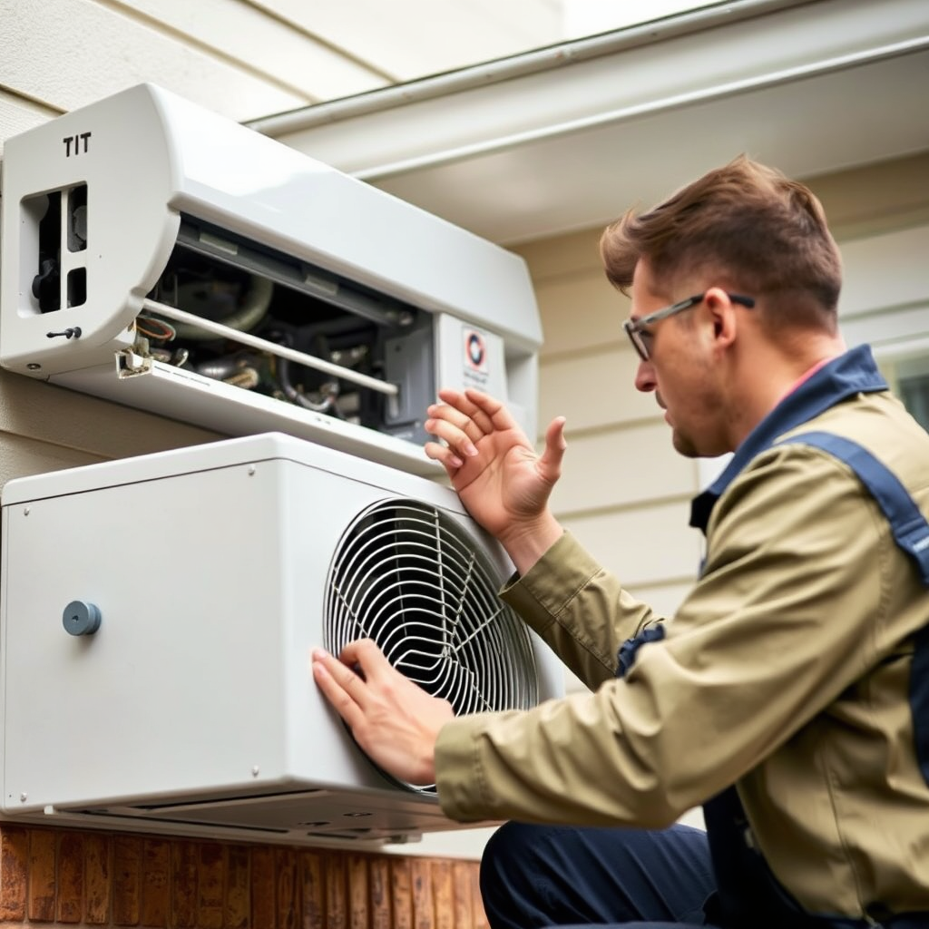 A technician diagnosing a faulty air conditioner unit. The image should convey a sense of urgency and technical expertise. The background should be a typical suburban home.