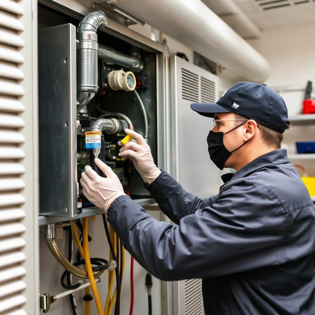 A technician performing routine maintenance on an HVAC system, cleaning and inspecting components. The image should convey a sense of thoroughness and attention to detail. The background should be a clean and organized utility room.