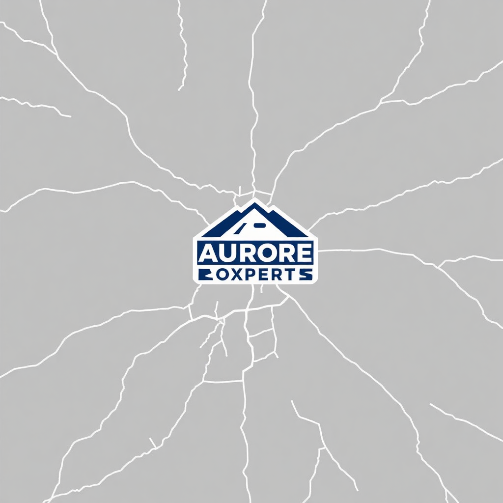 Create a map graphic highlighting Aurora, IL, and surrounding areas, with the Aurora Roofing Experts logo prominently displayed. The map should be clean and easy to read.