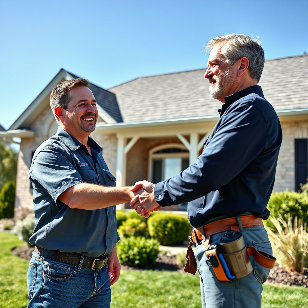 Create a photorealistic 4K image depicting a friendly roofing expert shaking hands with a satisfied homeowner in front of a well-maintained house with a new roof. The expert should be wearing a branded 'Aurora Roofing Experts' uniform. The homeowner should have a warm, welcoming smile. The scene should take place on a sunny day in Aurora, IL, with a clear blue sky in the background. The image should convey trust, reliability, and customer satisfaction. Pay attention to details such as the texture of the roof shingles, the landscaping, and the expressions on the faces. The composition should be balanced, with the house and the two figures as the central focus. The lighting should be bright and inviting, emphasizing the positive interaction between the roofer and the homeowner. This image visually represents 'People to call the roofing company in Aurora, IL for all their roofing needs.' Style: Professional real estate photography.