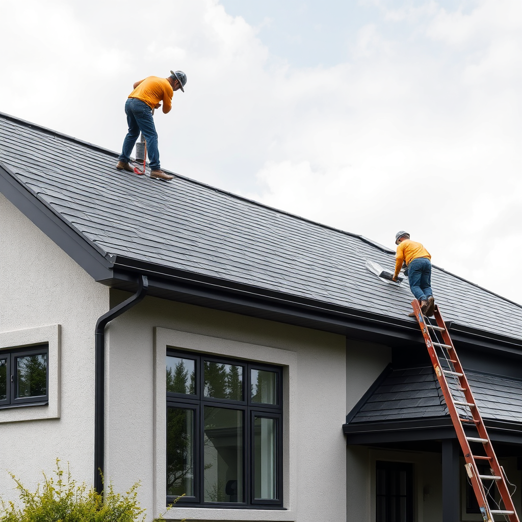 Create a photorealistic image of a new roof being installed on a modern house, highlighting the clean lines and flawless craftsmanship.