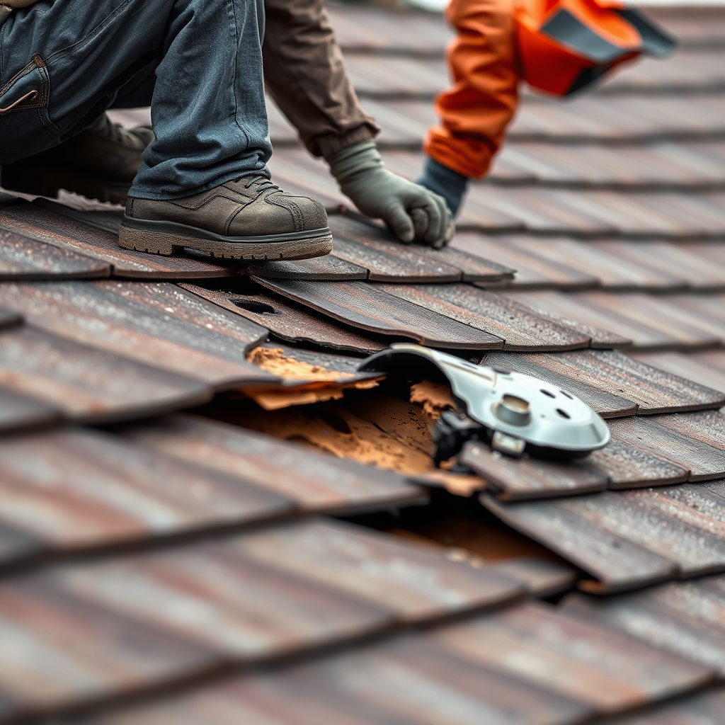 Create a photorealistic image showcasing a roofer repairing a damaged section of a roof, with close-up detail on the repair work in progress.