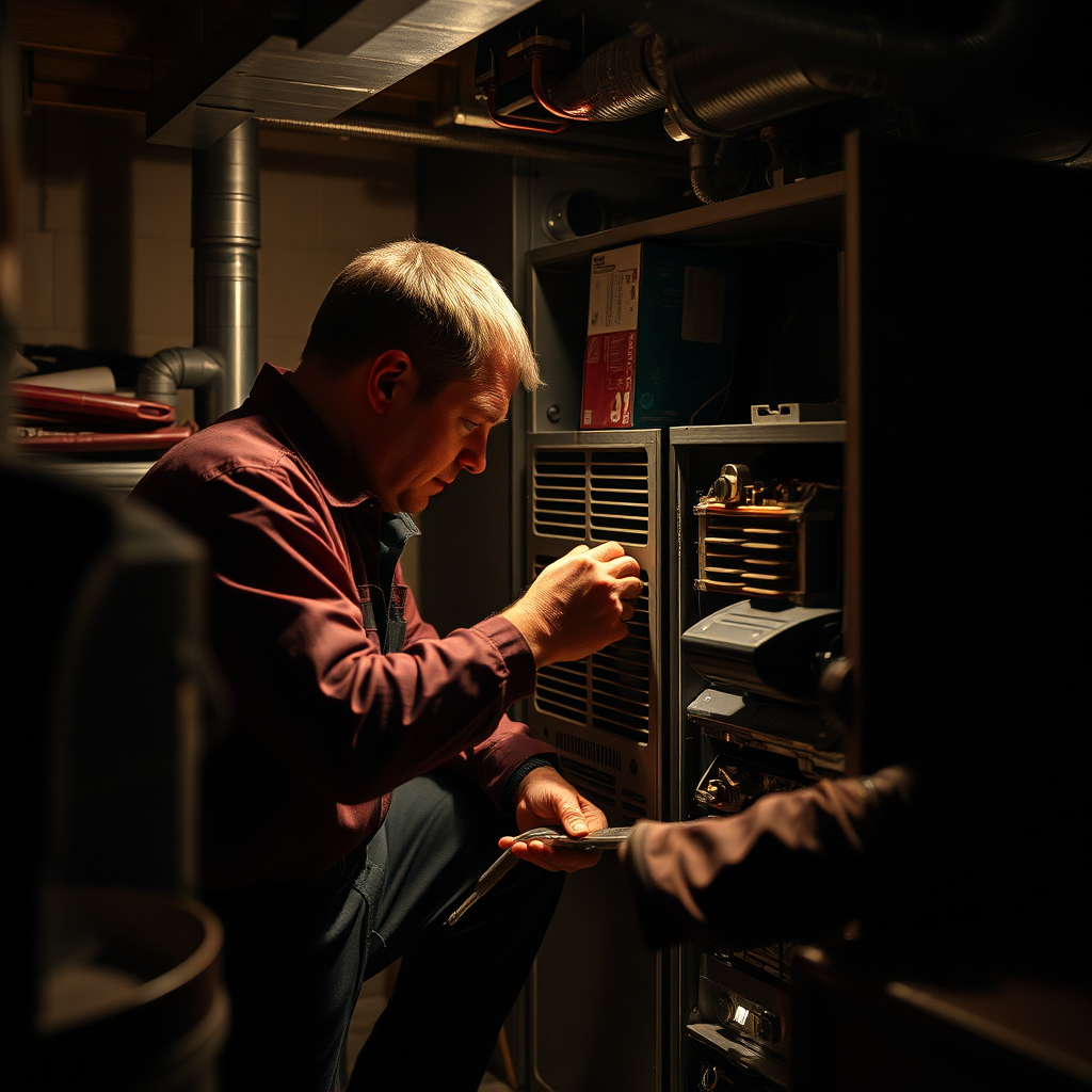 Create a photorealistic image of an HVAC technician working diligently on a furnace in a dimly lit basement. The technician should be focused and professional, using tools to diagnose the problem. Add dramatic lighting to emphasize the urgency and the technician's expertise. The environment should be a typical suburban basement, slightly cluttered but clean. The image should convey a sense of immediate problem-solving and expertise. Style reference: a dramatic, action-oriented photograph with a focus on technical skill.