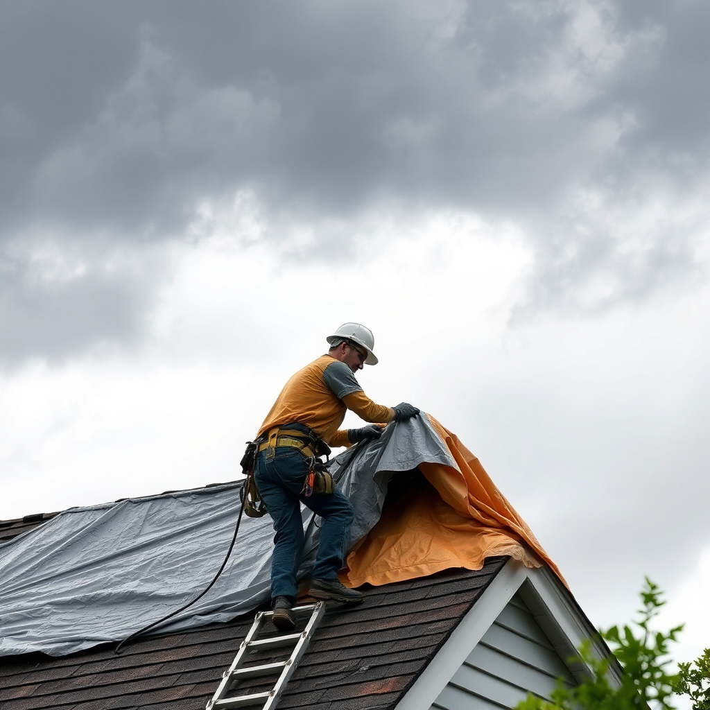 Create a photorealistic image of a roofer tarping a damaged roof after a storm in Aurora, IL. The storm clouds should still be visible in the background, adding a sense of urgency. The roofer should be working quickly and efficiently to secure the roof.