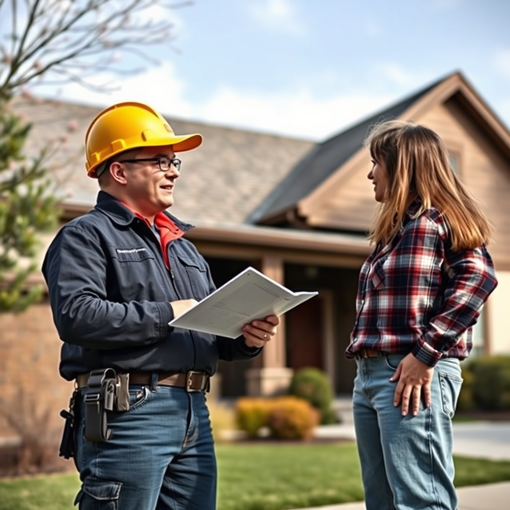Create a photorealistic image of a roofing estimator discussing roofing options with a homeowner. The image should convey a sense of transparency and trust. They are standing in front of the home in Aurora, IL.