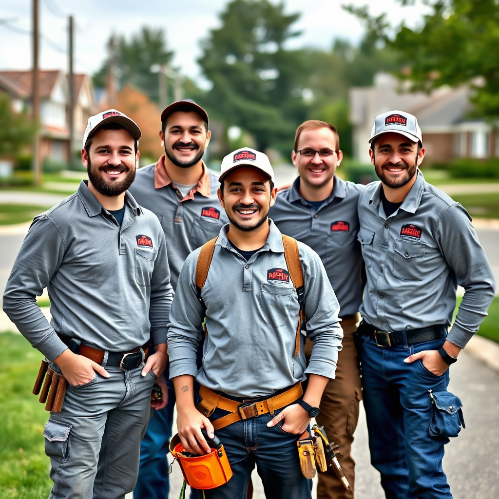 Create a photorealistic image of a team of roofing contractors standing together, smiling confidently. They should be wearing branded uniforms and carrying tools. The background should be a residential street in Aurora, IL.