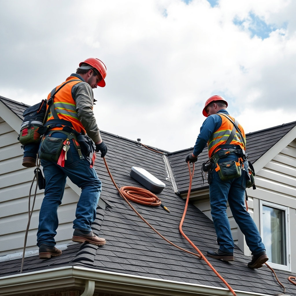 Create a photorealistic image of roofers working diligently on a residential roof in Aurora, IL. They should be using safety equipment and proper techniques. The house should be a typical suburban home. The sky should be partly cloudy, suggesting a recent weather event. Focus on the expertise and professionalism of the roofing team. Capture the action from a slightly elevated angle.