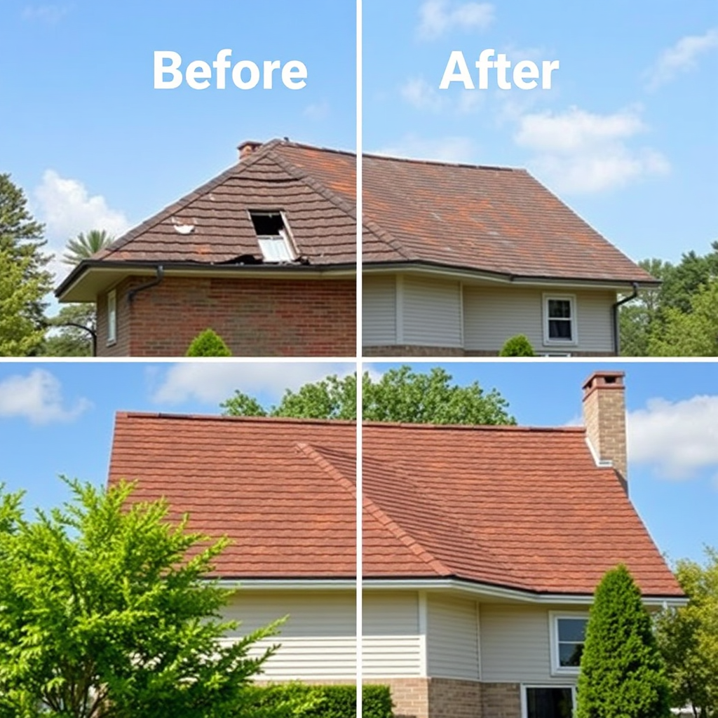 Create a photorealistic image of a before-and-after scenario, showing an old, worn-out roof being replaced with a brand-new, visually appealing roof.