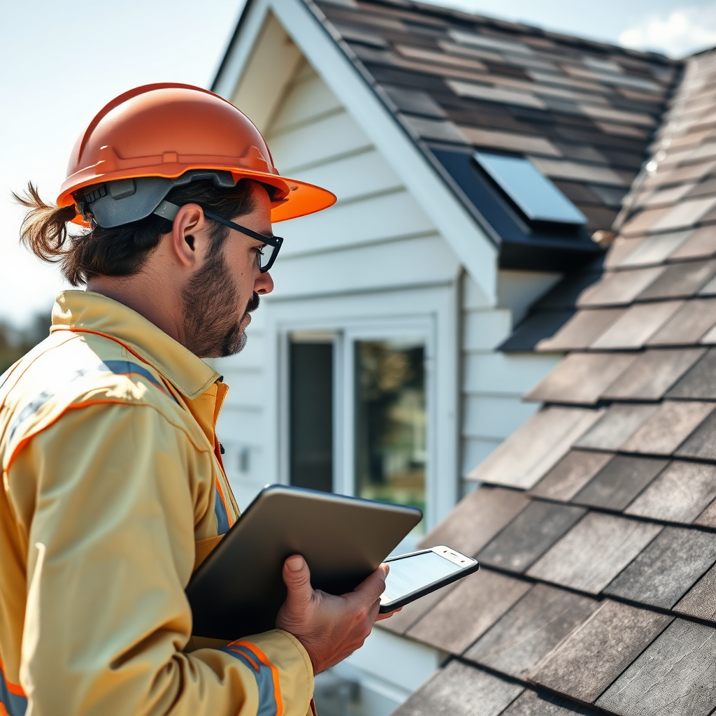 Create a photorealistic image of a roofing inspector examining a roof with a tablet and measuring tools. The roof should be visible and detailed, showcasing different materials and potential problem areas. The lighting should be bright, highlighting the details. The background should show a clear view of the surrounding Aurora neighborhood.