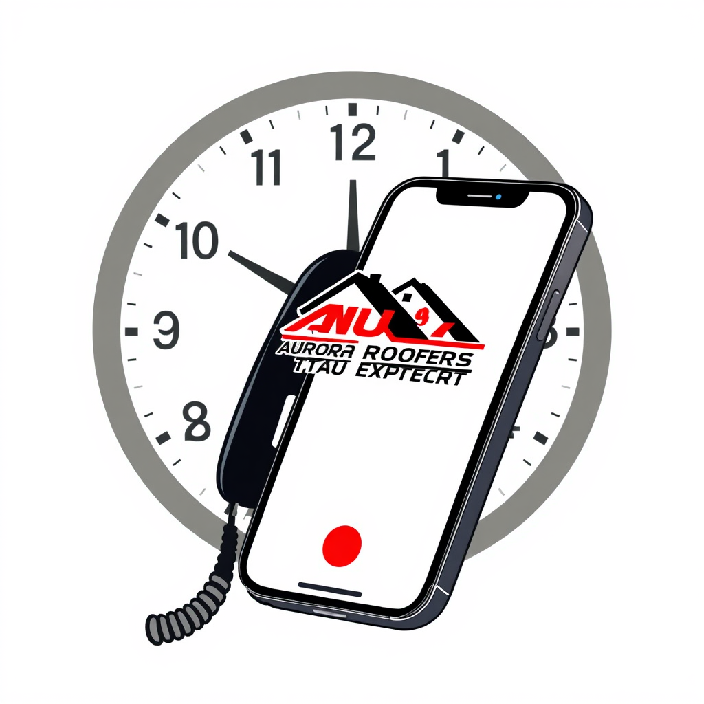 Create a stylized image featuring a phone with the Aurora Roofing Experts logo and a clock in the background, emphasizing 24/7 availability. The color scheme should be urgent and reliable.