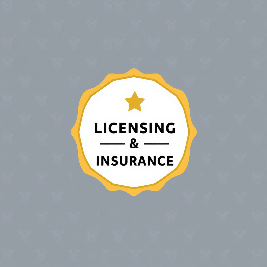 Create a stylized image featuring a badge or certificate that represents licensing and insurance. The design should be clean and professional. The background should be a subtle pattern that suggests security and reliability.