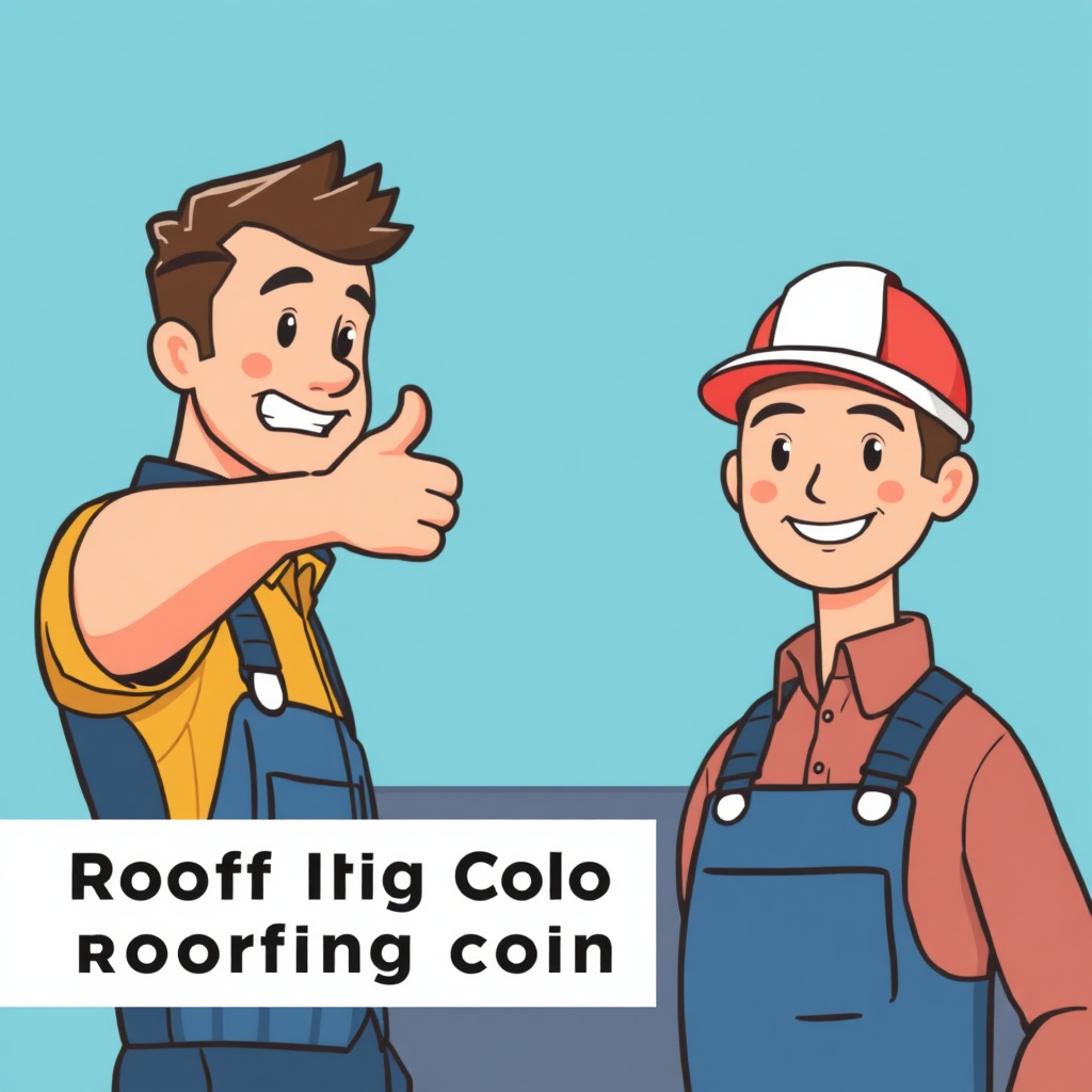 Create a stylized image of a customer giving a thumbs-up to a roofing contractor. The image should convey a sense of trust and satisfaction. Use bright colors and a positive composition.